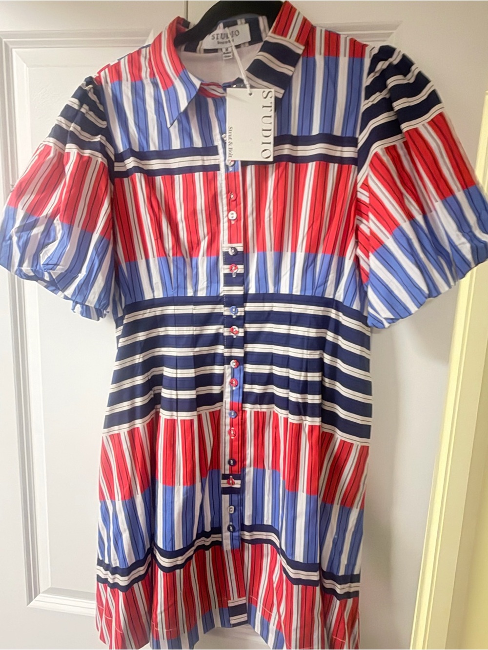 Studio Red, Blue & White Striped Puff-Sleeve Kids Dress